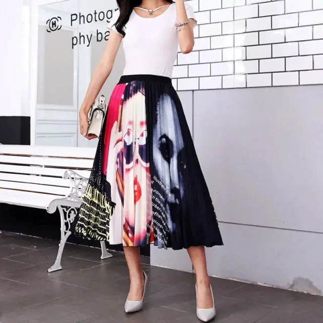 Bold Print Polyester Pleated Skirts