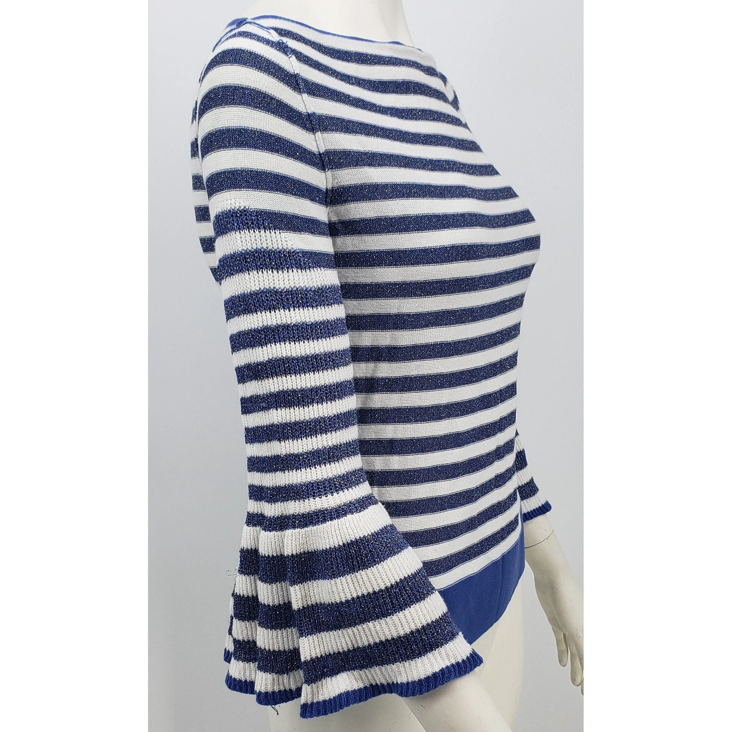 Boston Proper Womens Small Sweater Blue White Stripe Boatneck Bell Sleeve, Small