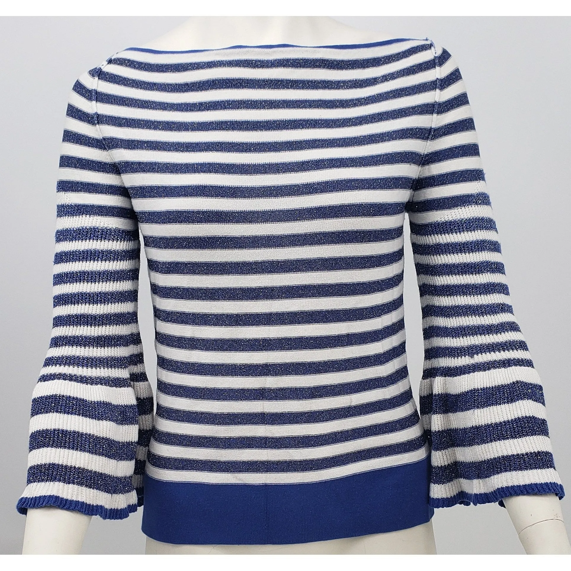 Boston Proper Womens Small Sweater Blue White Stripe Boatneck Bell Sleeve, Small