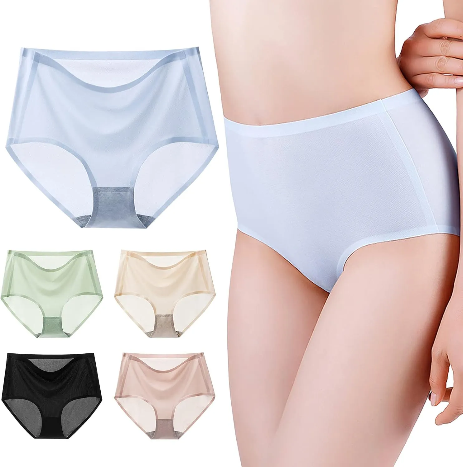 Bourund 5PCS Ultra Thin Non-Marking Ice Silk Underwear, Womens Seamless Ice Silk High Waist Breathable Soft Stretchy Panties