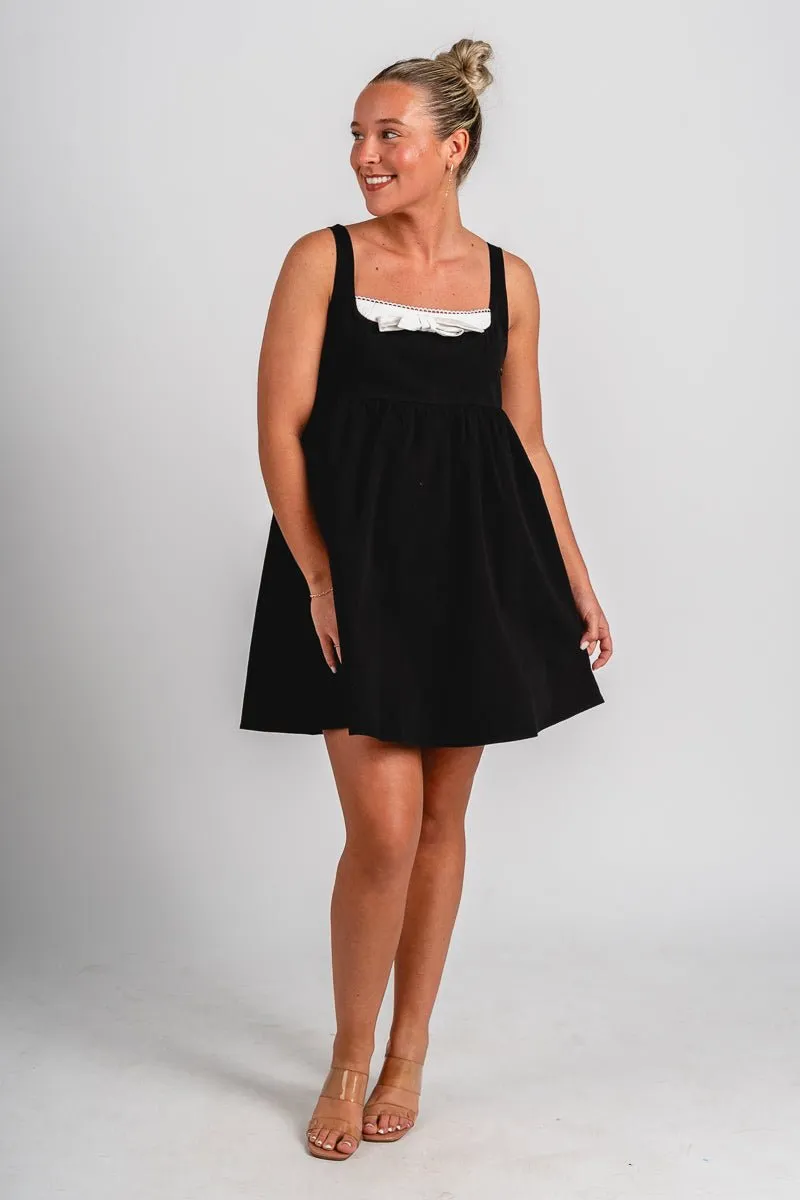 Bow babydoll mini dress black