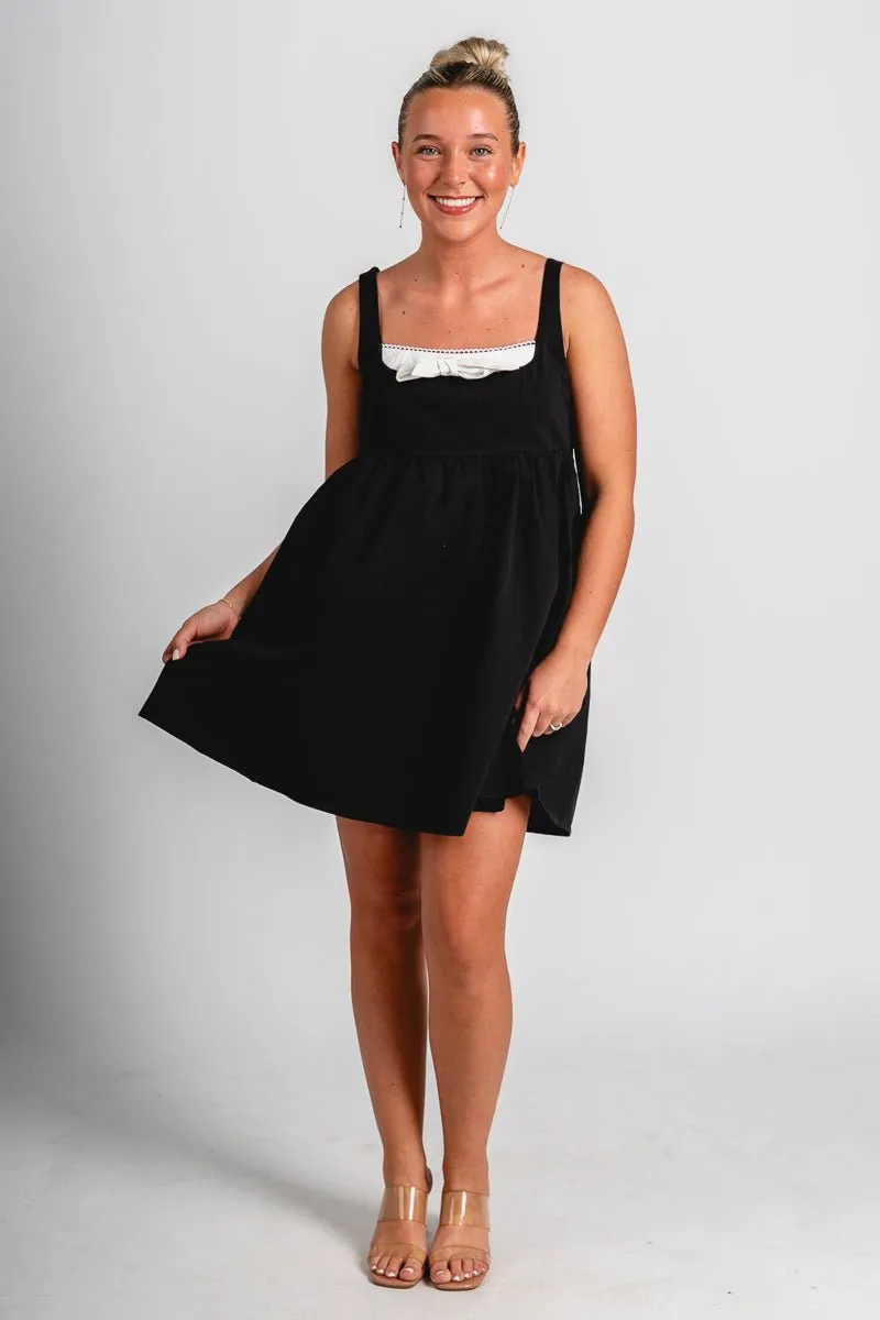 Bow babydoll mini dress black