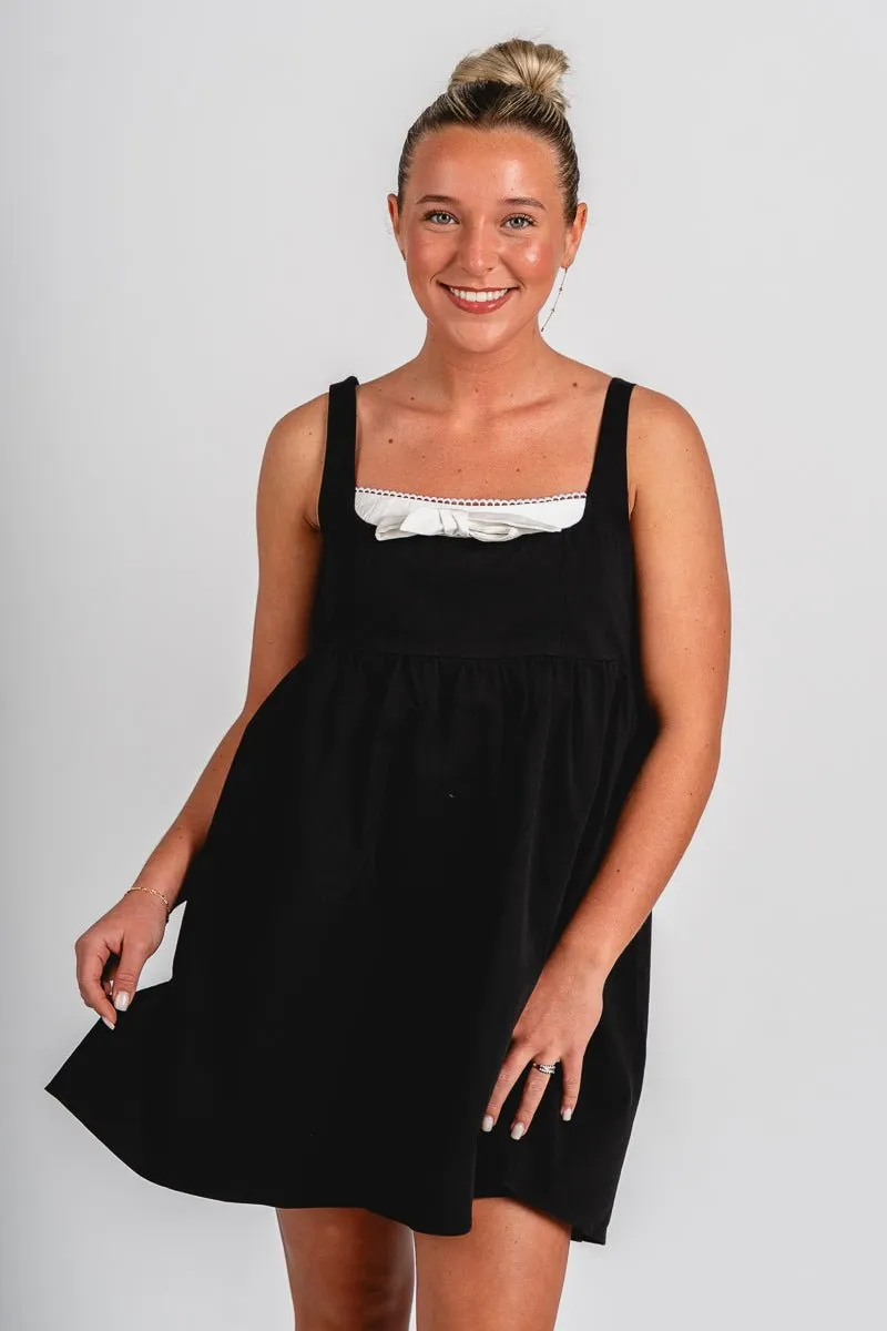Bow babydoll mini dress black