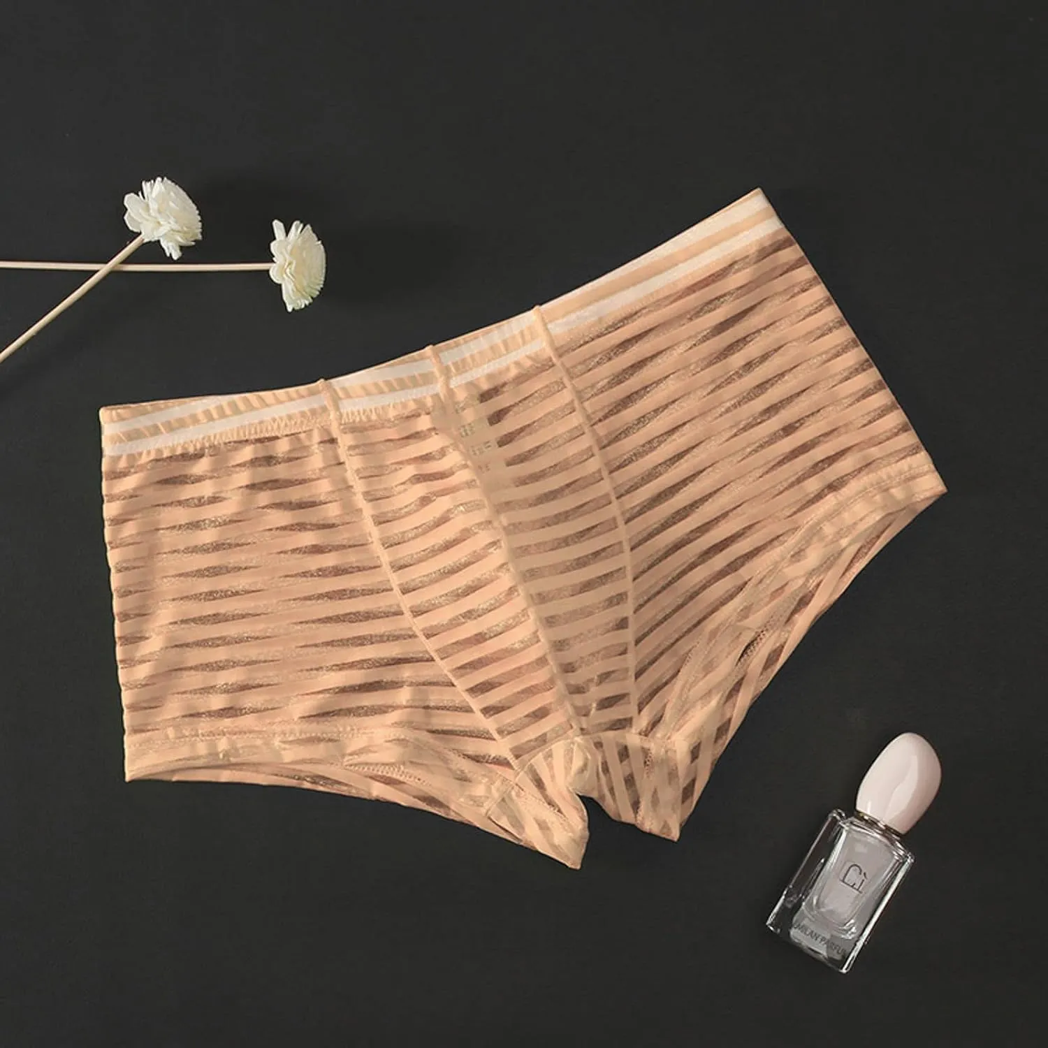 Boxer Briefs for Men Sexy Mid Waisted Cotton Breathable Striped Sheer Underwear Stretch Soft Pouch Comfortable Cool Trunks