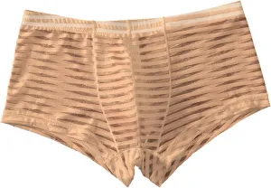 Boxer Briefs for Men Sexy Mid Waisted Cotton Breathable Striped Sheer Underwear Stretch Soft Pouch Comfortable Cool Trunks