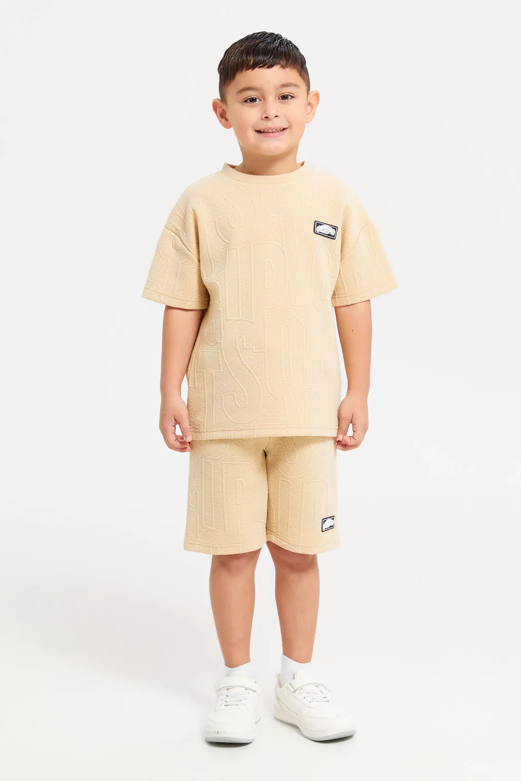 Boys Beige Embossed T-Shirt And Shorts Casual Set (2 Piece)