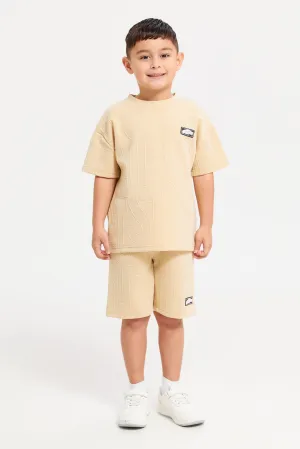 Boys Beige Embossed T-Shirt And Shorts Casual Set (2 Piece)