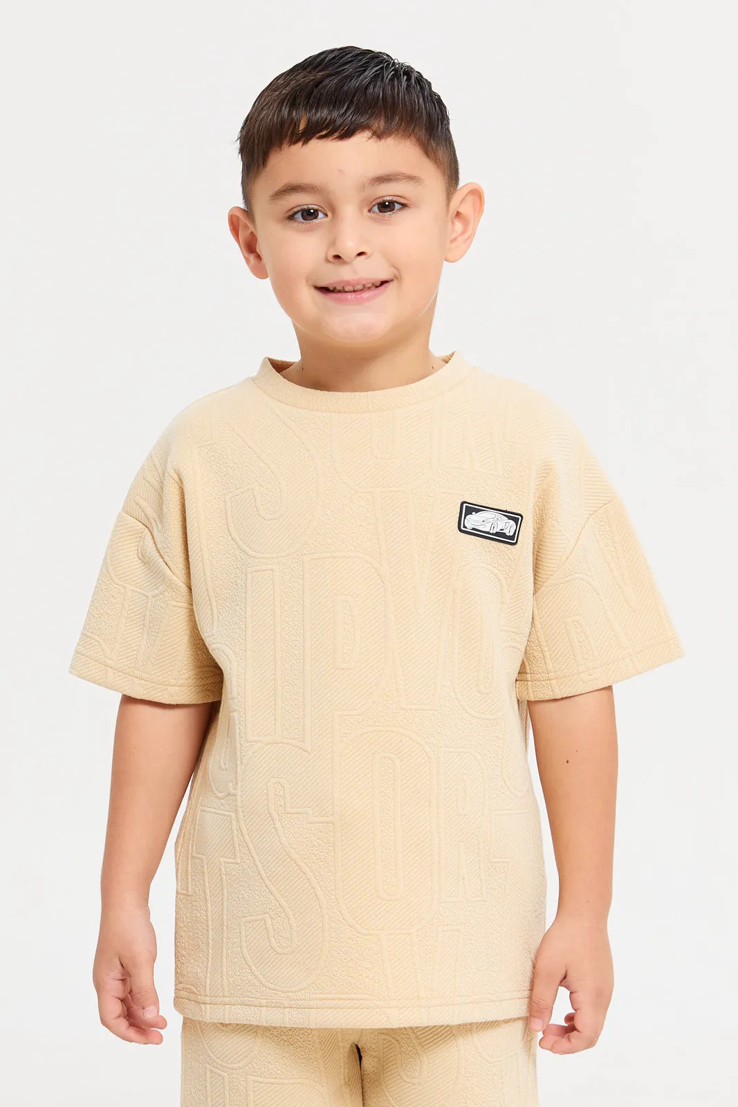 Boys Beige Embossed T-Shirt And Shorts Casual Set (2 Piece)