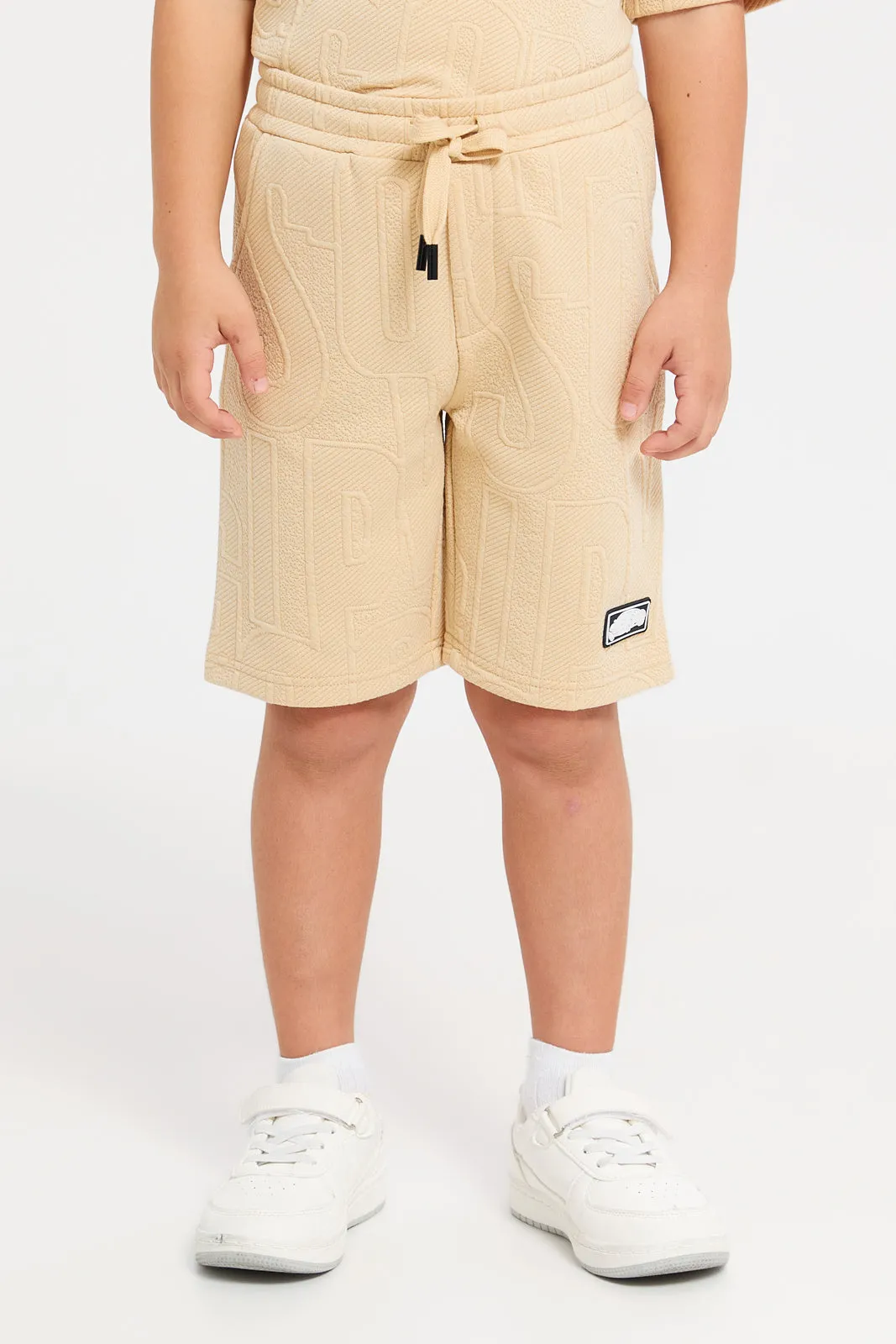 Boys Beige Embossed T-Shirt And Shorts Casual Set (2 Piece)