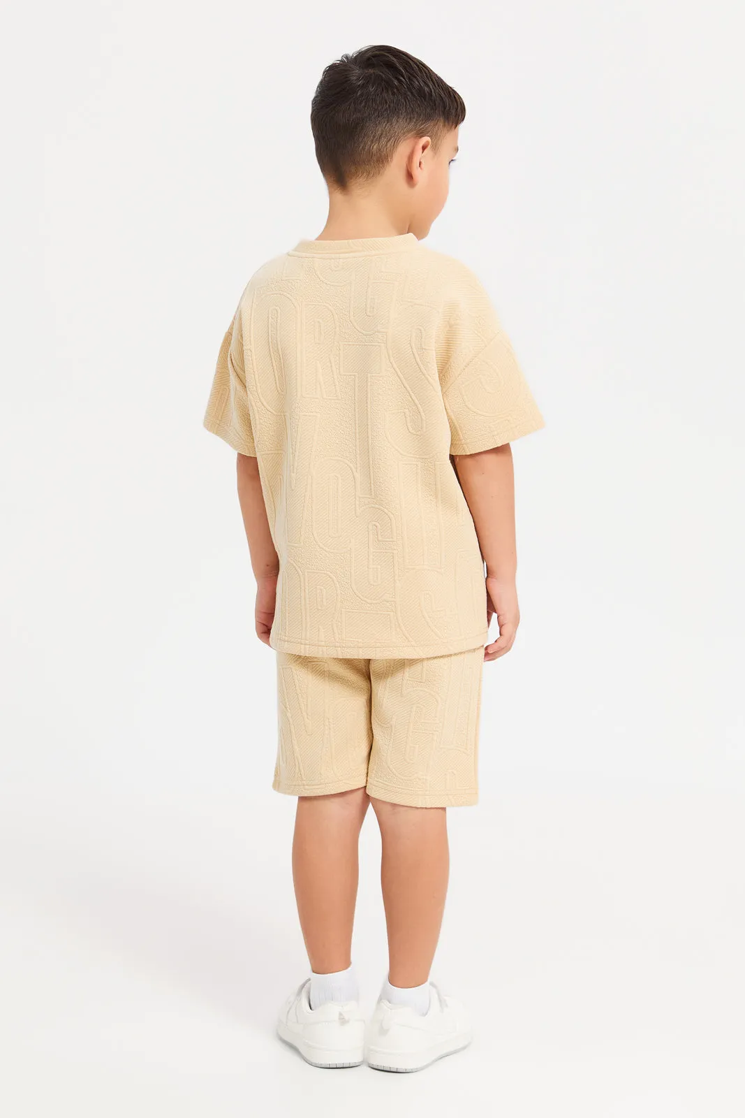 Boys Beige Embossed T-Shirt And Shorts Casual Set (2 Piece)