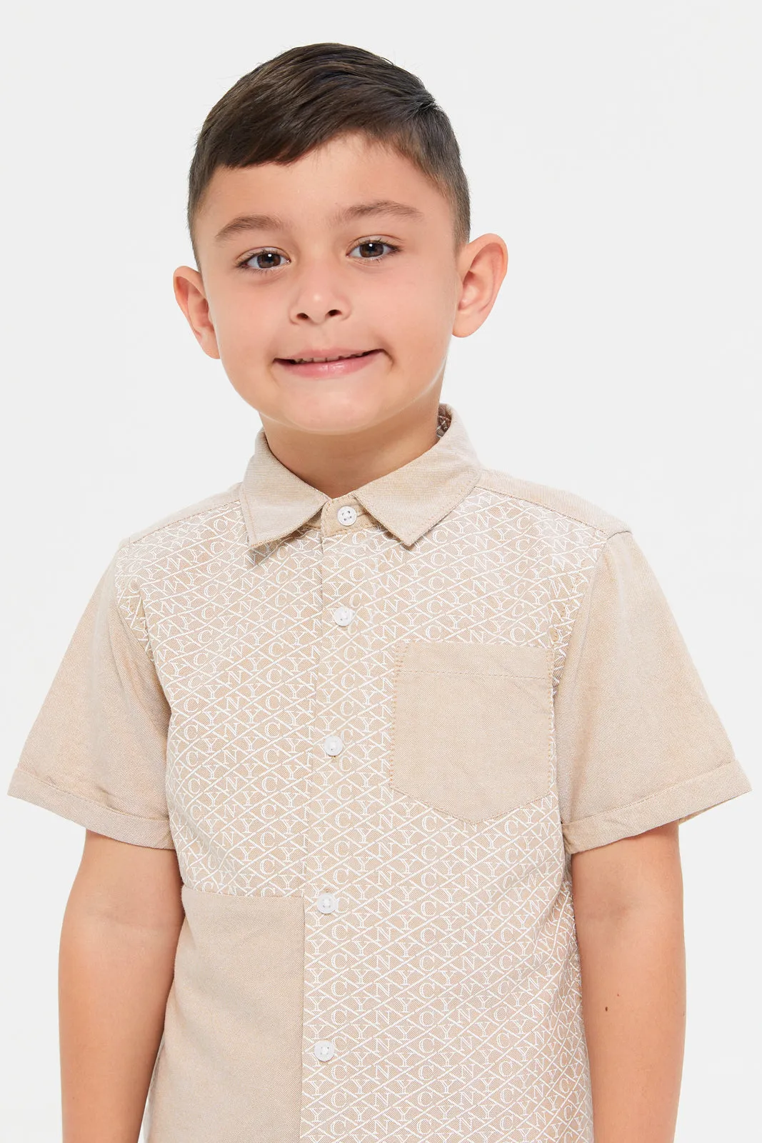Boys Beige Printed Shirt