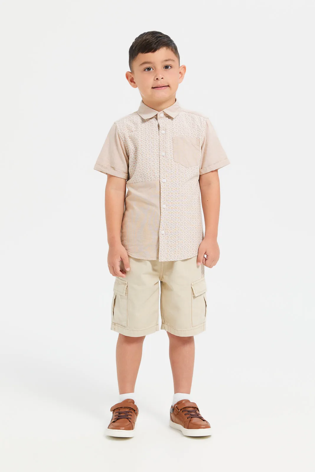 Boys Beige Printed Shirt