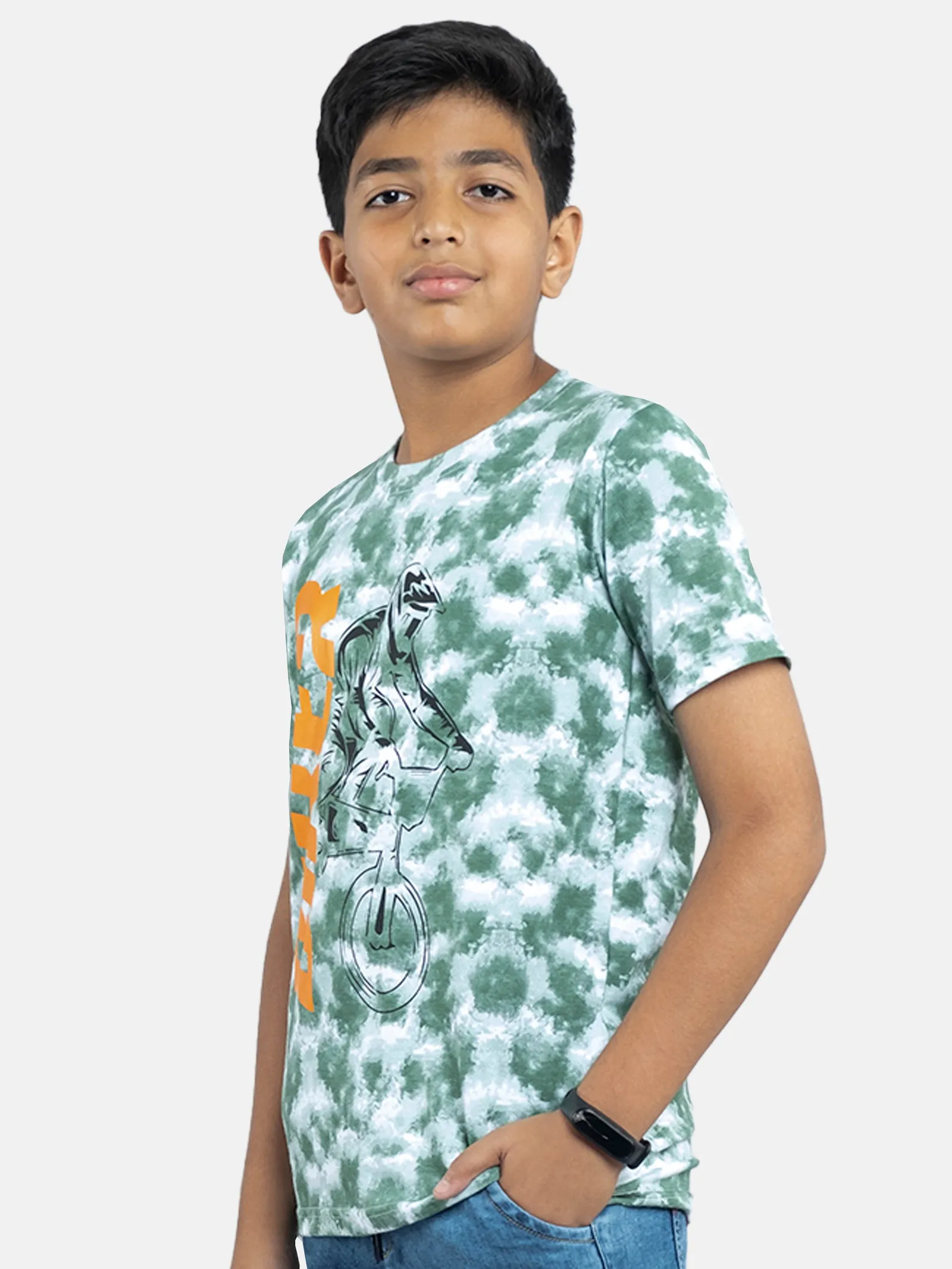 Boys Tie & Dye Printed Tee With Chest Print