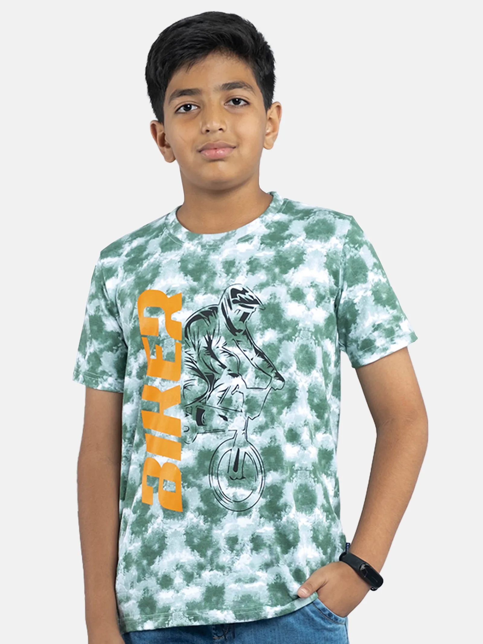 Boys Tie & Dye Printed Tee With Chest Print