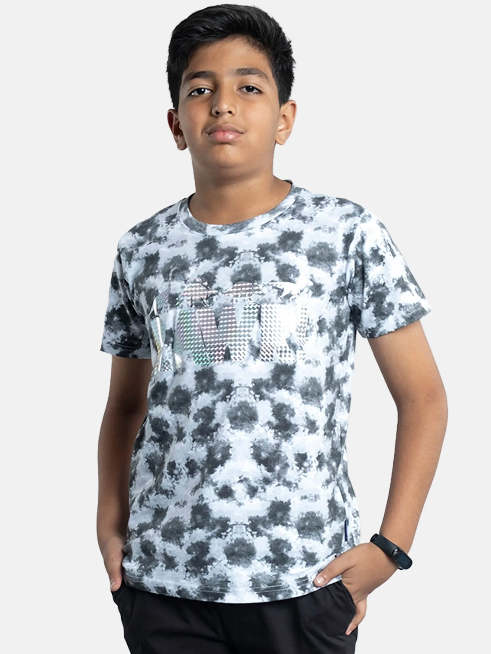 Boys Tie & Dye Printed Tee With Chest Print