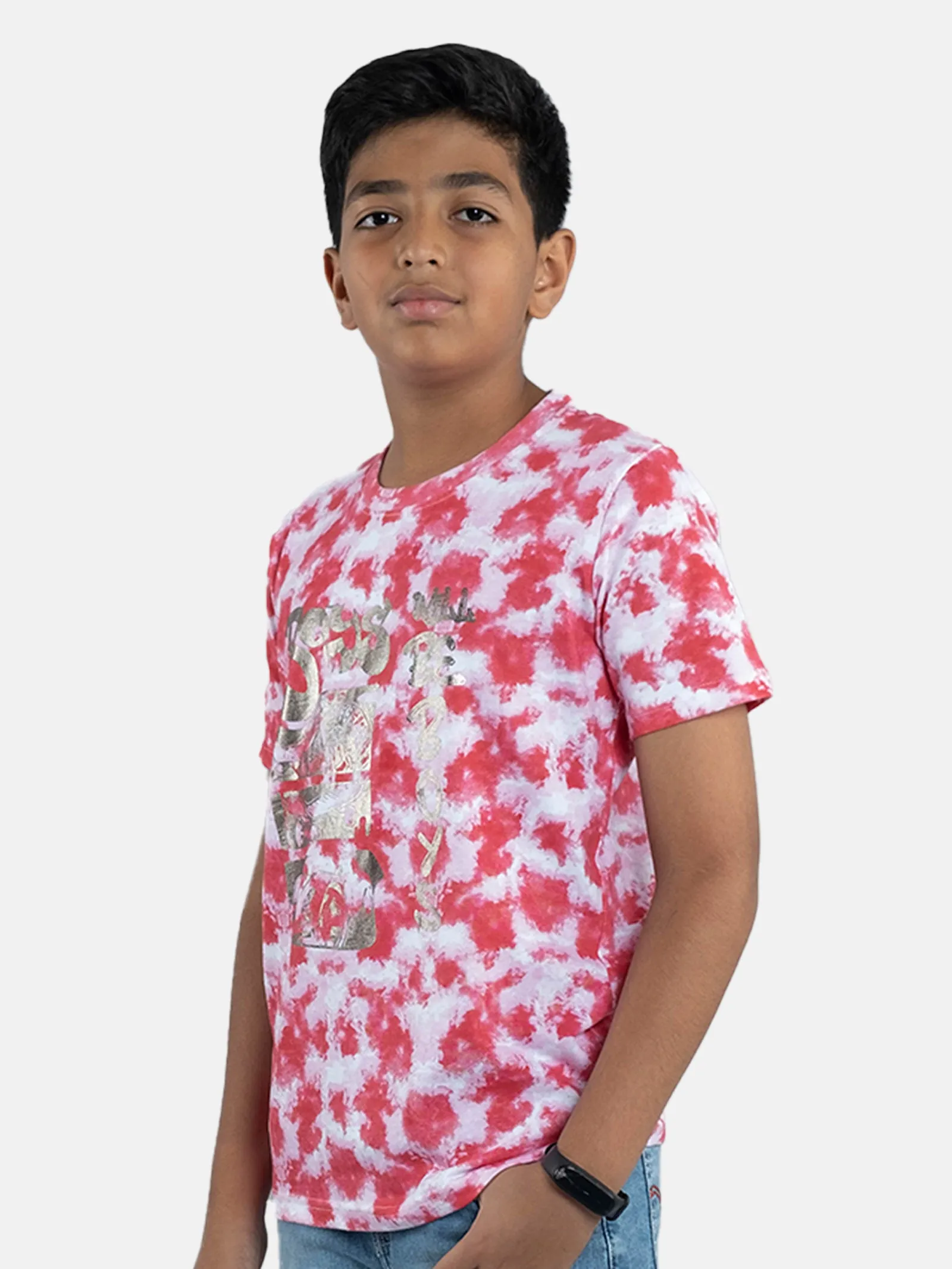 Boys Tie & Dye Printed Tee With Chest Print