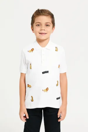 Boys White Embroidered Polo T-Shirt