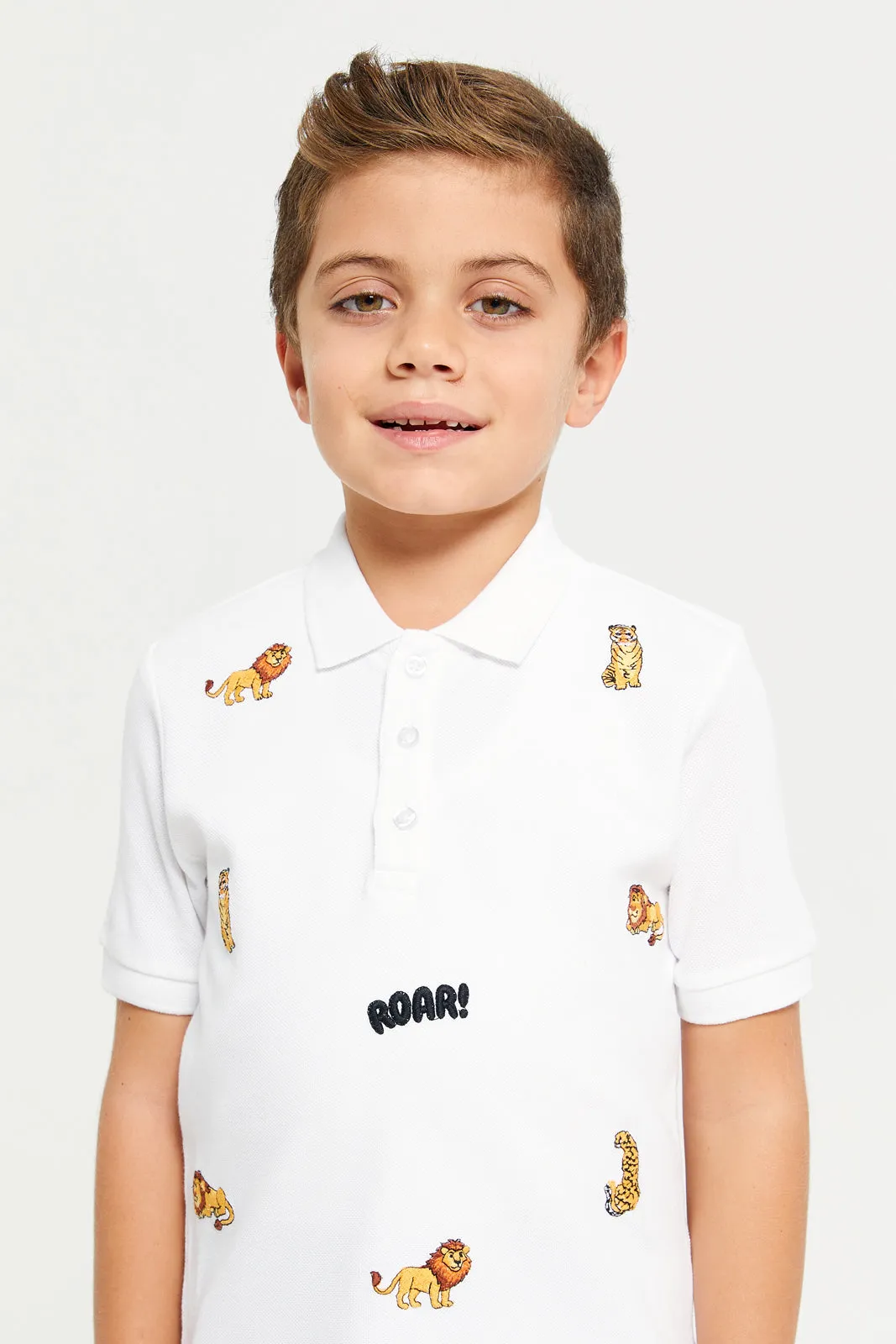 Boys White Embroidered Polo T-Shirt