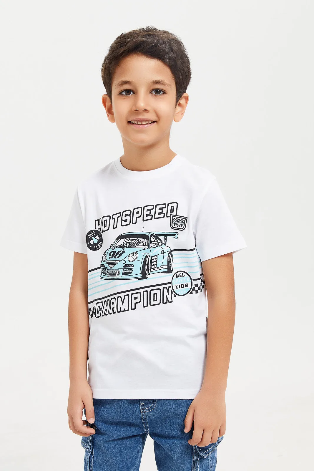 Boys White Hot Speed Car Chest Print Short Sleeve T-Shirt