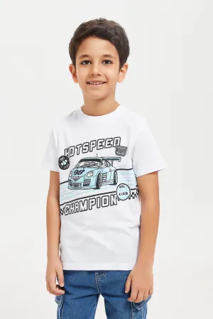 Boys White Hot Speed Car Chest Print Short Sleeve T-Shirt