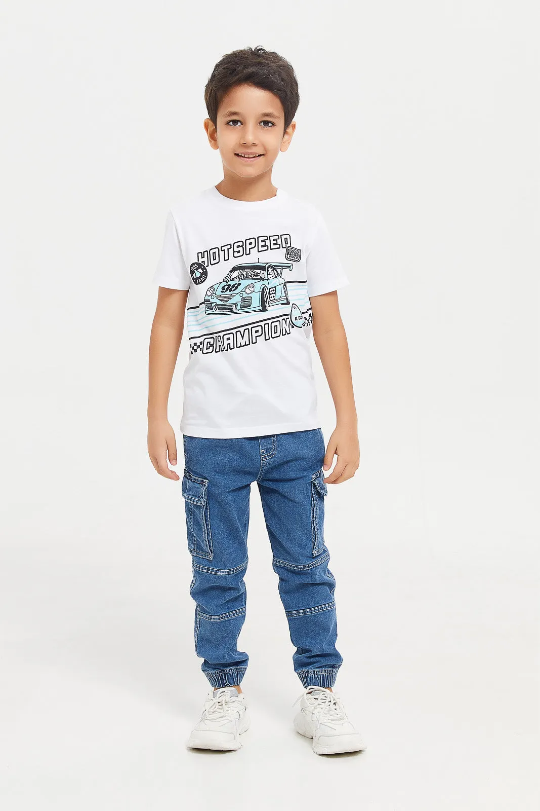 Boys White Hot Speed Car Chest Print Short Sleeve T-Shirt