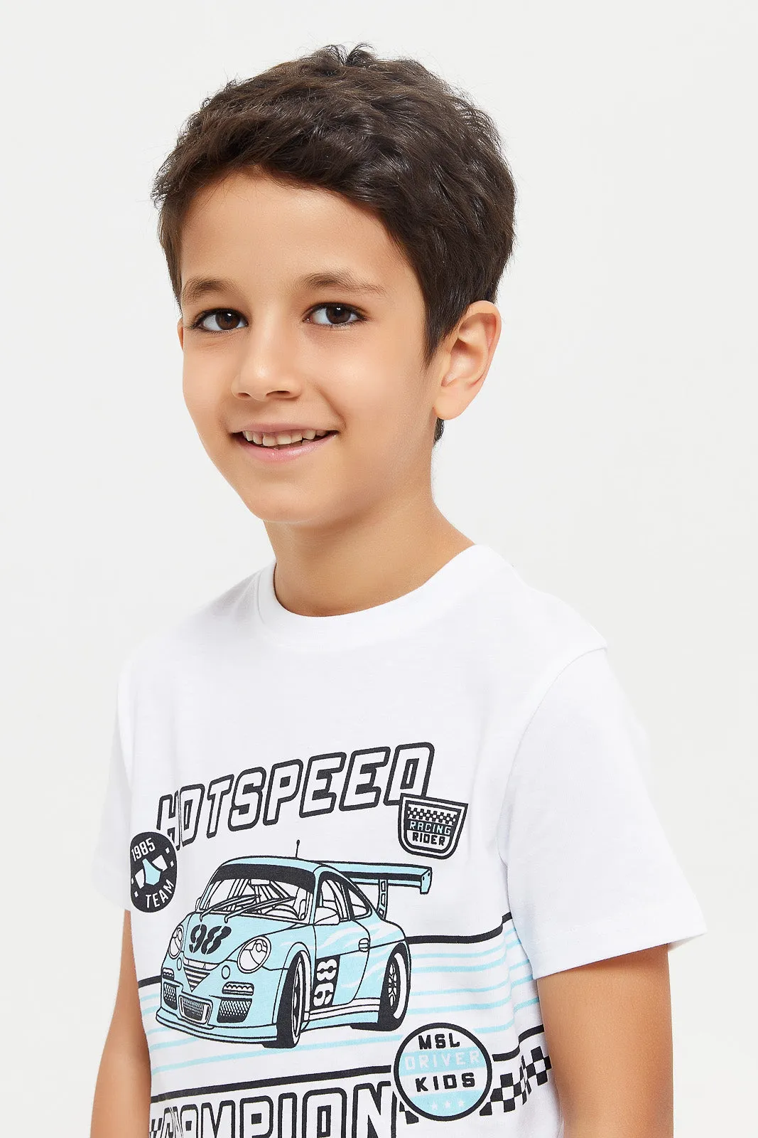 Boys White Hot Speed Car Chest Print Short Sleeve T-Shirt