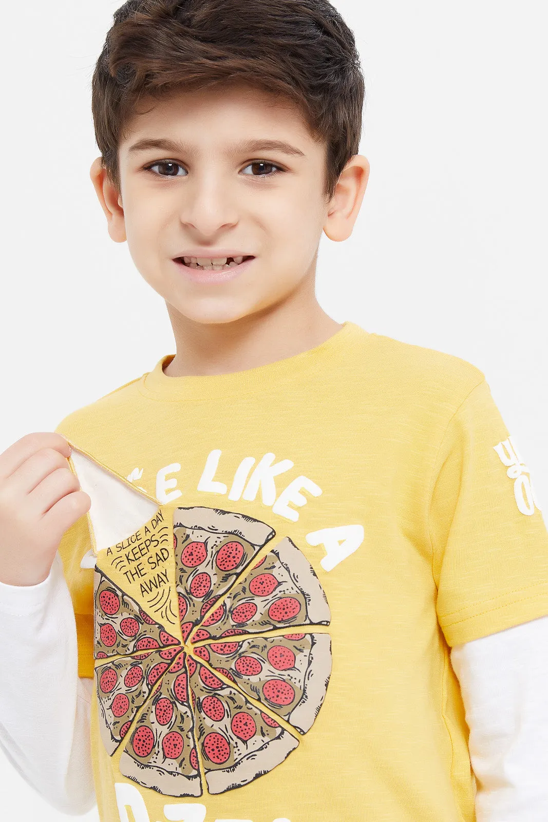 Boys Yellow Pizza Peep Out Long Sleeve Applique T-Shirt