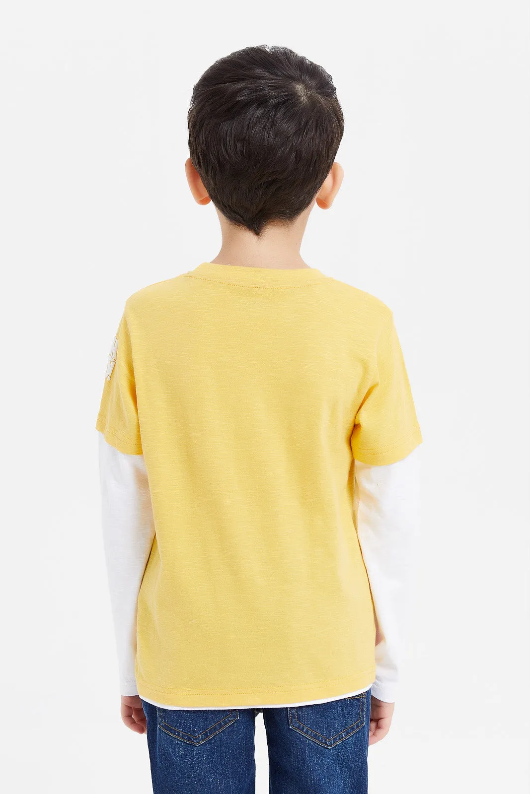 Boys Yellow Pizza Peep Out Long Sleeve Applique T-Shirt