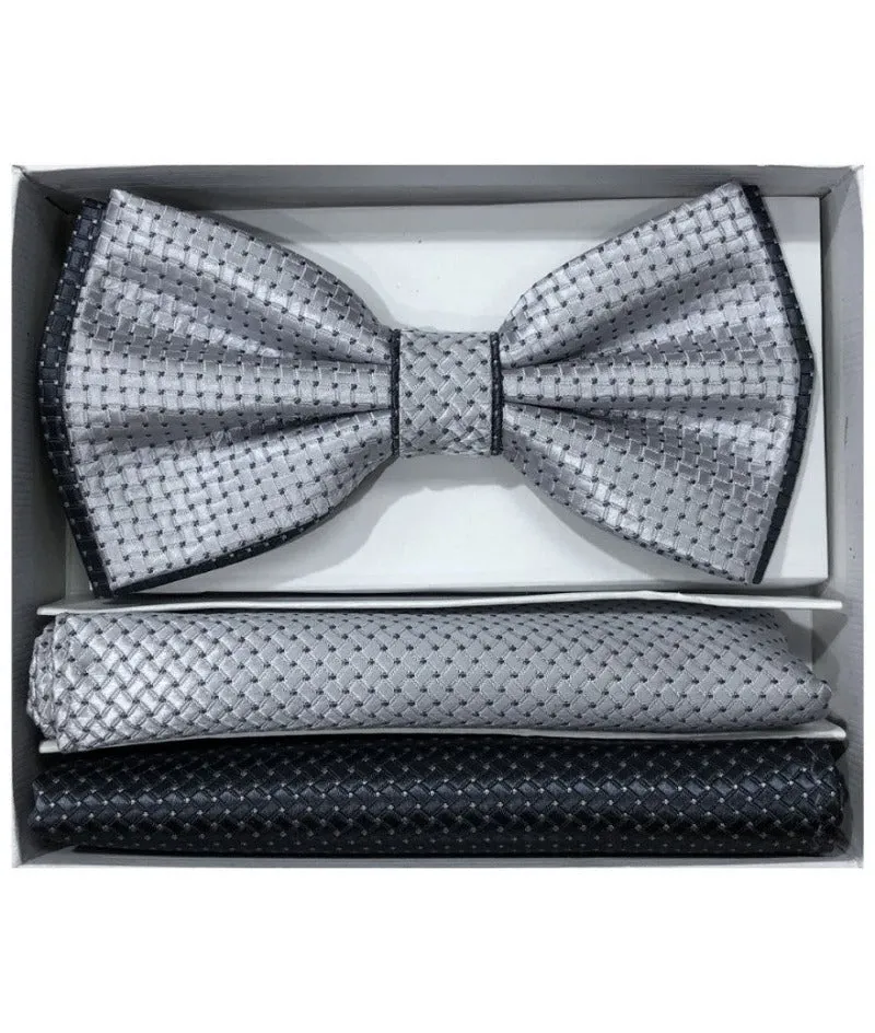 Brand Q Men's Silver and Black dots satin double bowtie and 2 pocket square