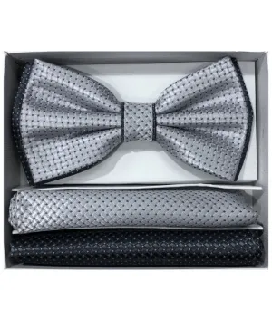 Brand Q Men's Silver and Black dots satin double bowtie and 2 pocket square