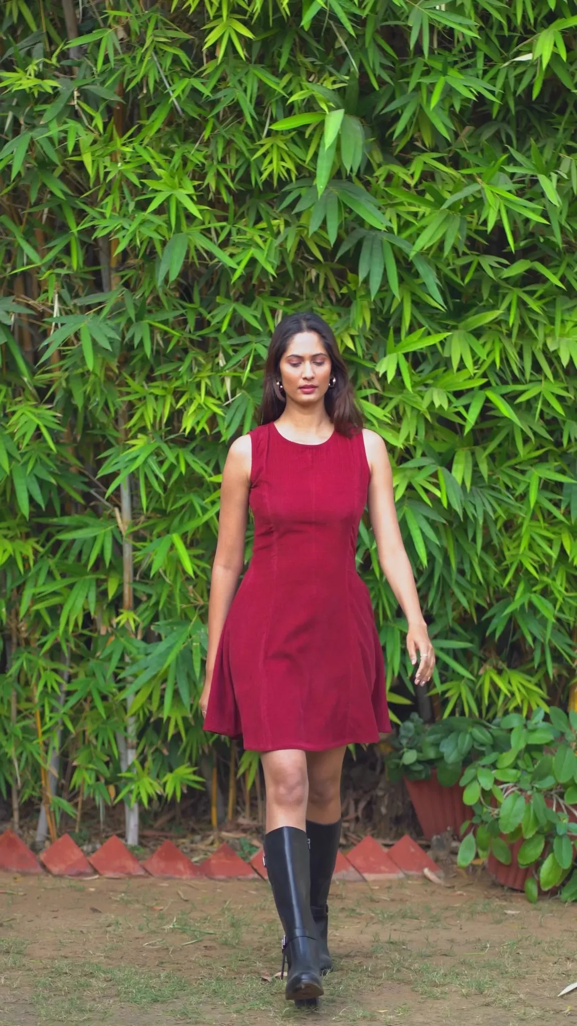 Brown Warm Cotton Corduroy Fit and Flare Sleeveless Short Dress