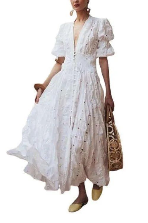 Bubble Sleeve Lace Hollow maxi dress