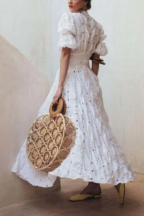 Bubble Sleeve Lace Hollow maxi dress