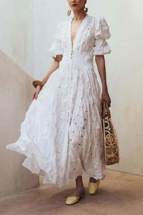 Bubble Sleeve Lace Hollow maxi dress