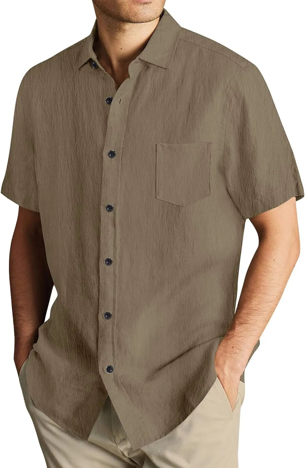Button Down Shirt for Men Cotton Linen Solid Short Sleeve Regular Fit Tshirt Shirt Summer Lightweight Beach Tops