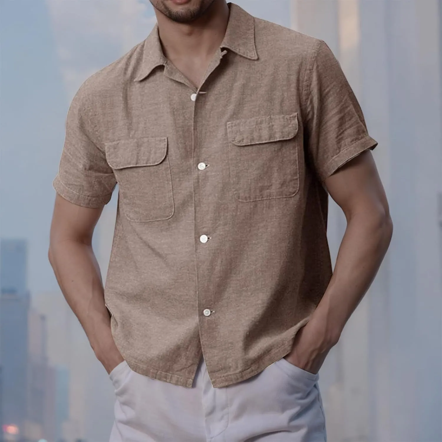 Button Down Shirts for Men Short Sleeve Cotton Linen Casual Comfy Lightweight Solid Tops Summer Beach Tee with Pockets