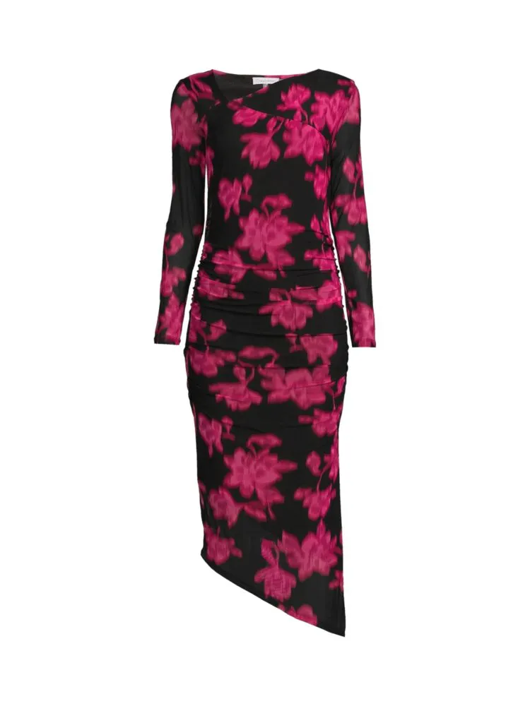 Calvin Klein Asymmetrical Floral Ruched Midi Dress in Black Pink