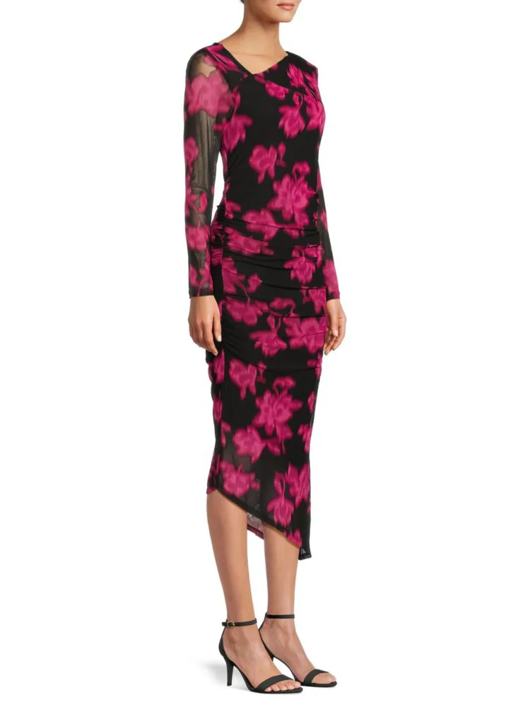 Calvin Klein Asymmetrical Floral Ruched Midi Dress in Black Pink