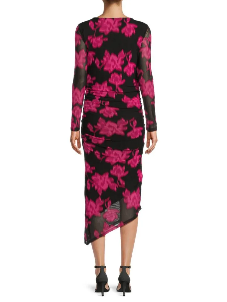 Calvin Klein Asymmetrical Floral Ruched Midi Dress in Black Pink