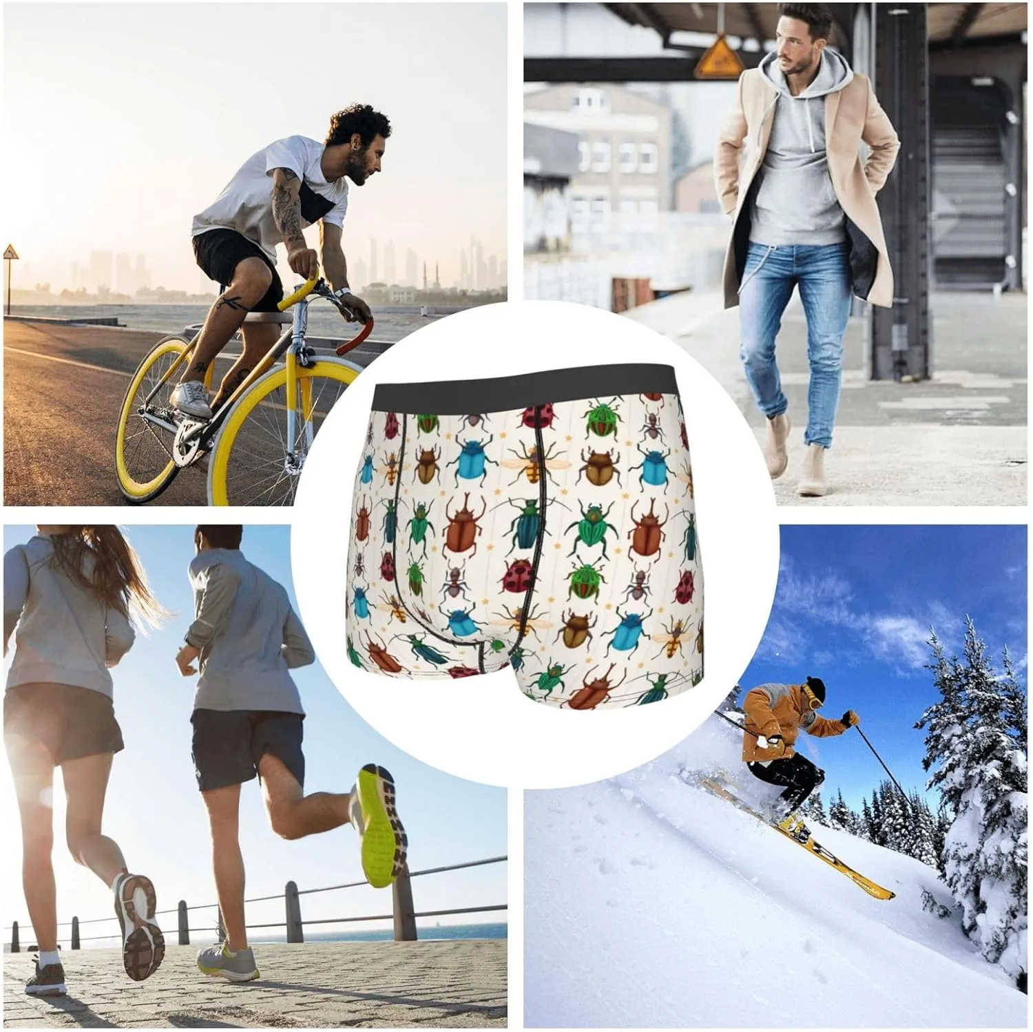 Cartoon Insects Print Boxer Briefs For Men Breathable Underwear-