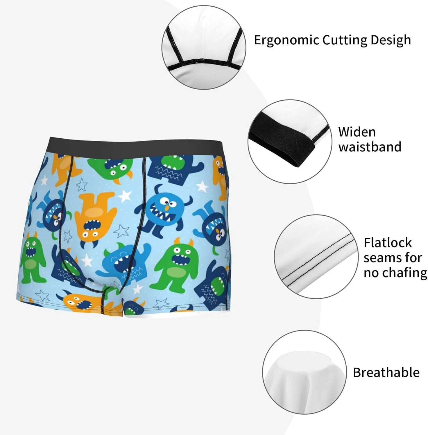Cartoon Monster Print Boxer Briefs For Men Breathable Underwear-