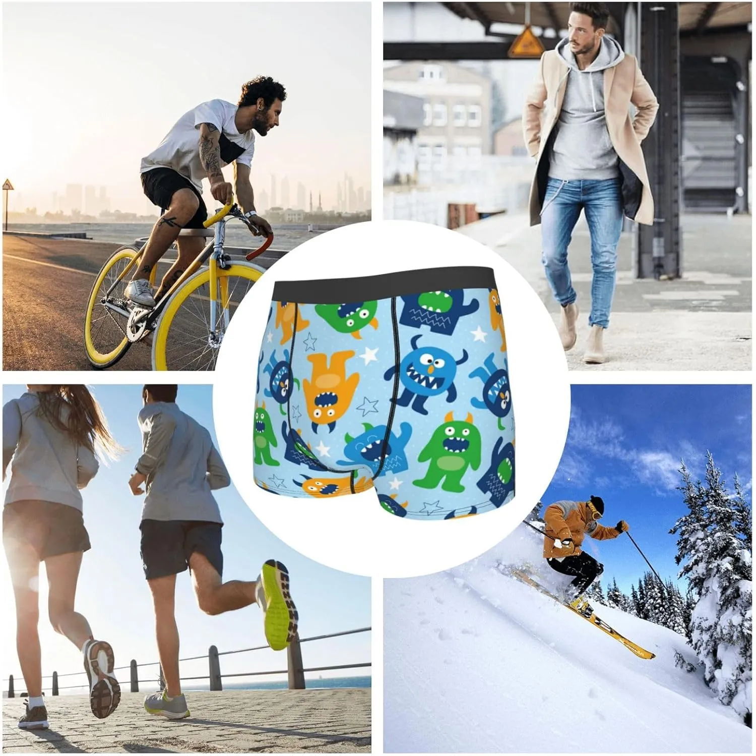 Cartoon Monster Print Boxer Briefs For Men Breathable Underwear-