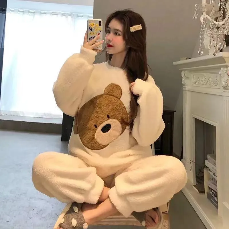 Cartoon Print Pajamas Sets Winter Warm Long Sleeve Sleepwear Home Nightclothes Women