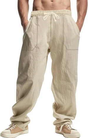 Casual Cotton Linen Pants for Men Elastic Drawstring Basic Pants Moisture Wicking Baggy Trousers Relaxed Fit Trousers