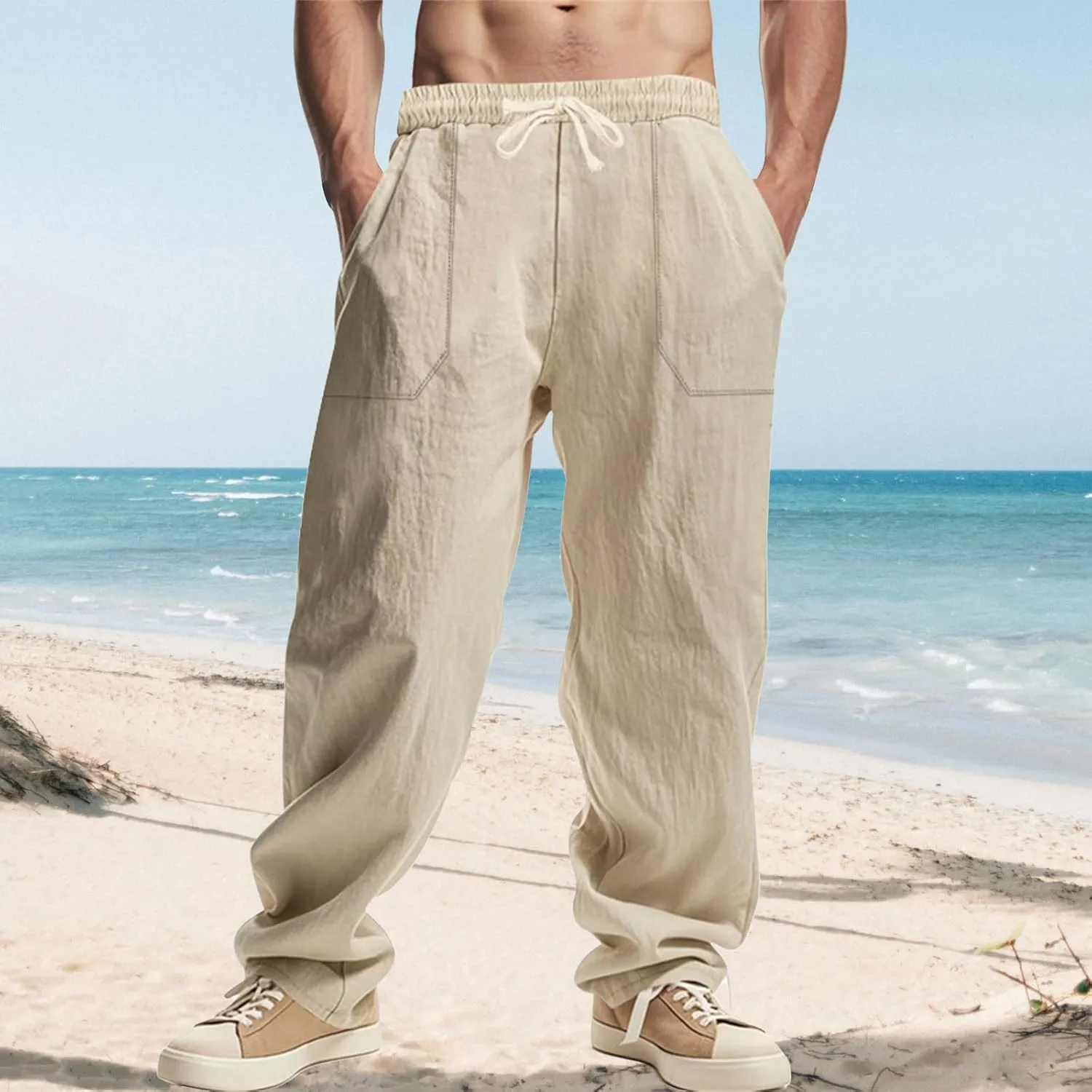 Casual Cotton Linen Pants for Men Elastic Drawstring Basic Pants Moisture Wicking Baggy Trousers Relaxed Fit Trousers