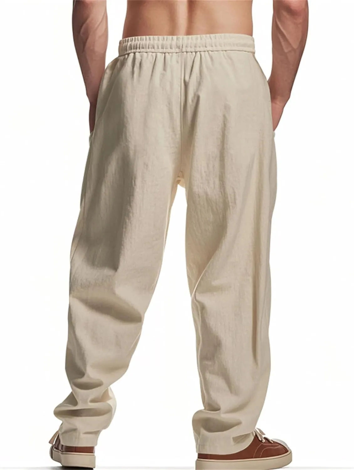 Casual Cotton Linen Pants for Men Elastic Drawstring Basic Pants Moisture Wicking Baggy Trousers Relaxed Fit Trousers