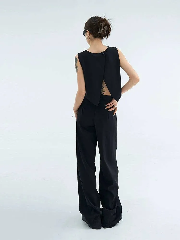 Casual High Waist Black Slim Looking Drooping Wide-Leg Pants