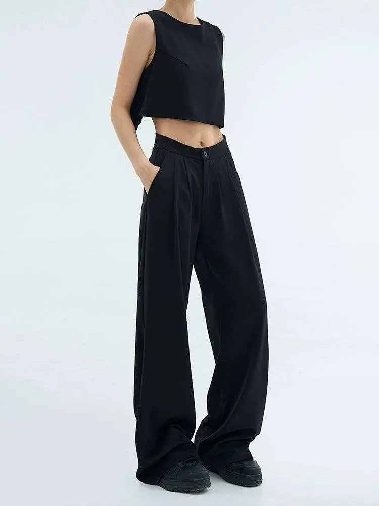 Casual High Waist Black Slim Looking Drooping Wide-Leg Pants