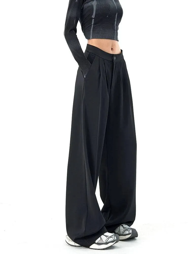 Casual High Waist Black Slim Looking Drooping Wide-Leg Pants