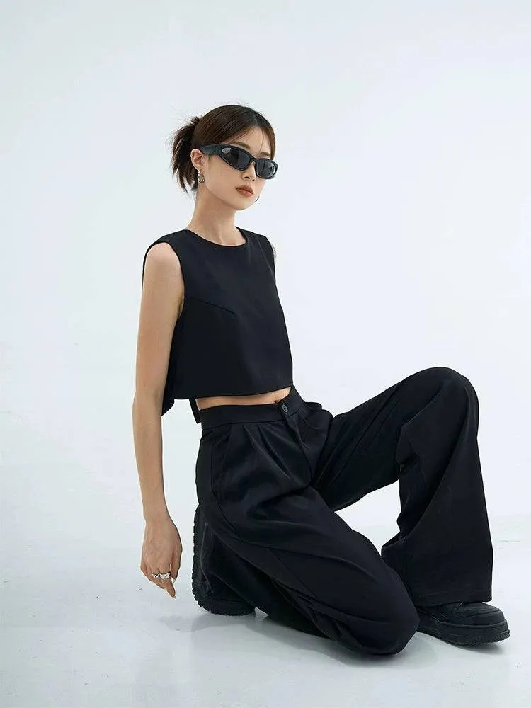 Casual High Waist Black Slim Looking Drooping Wide-Leg Pants